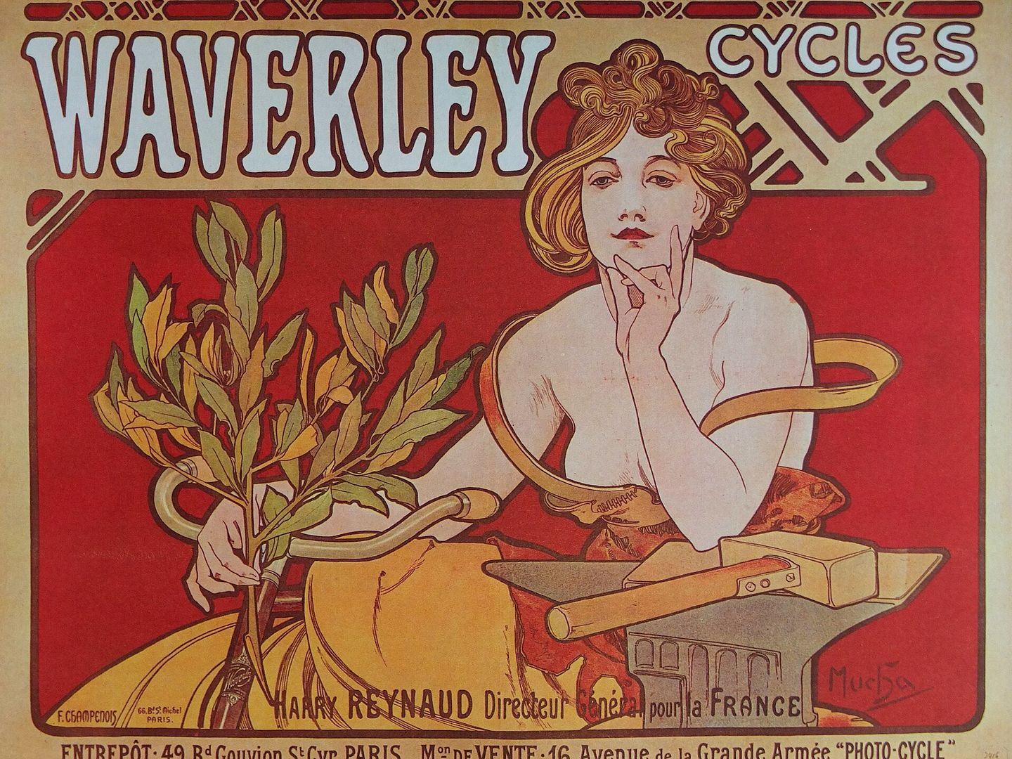 Affiche met een vrouw met golvend haar en een takje in de hand tegen een rode achtergrond, met de tekst Waverley Cycles