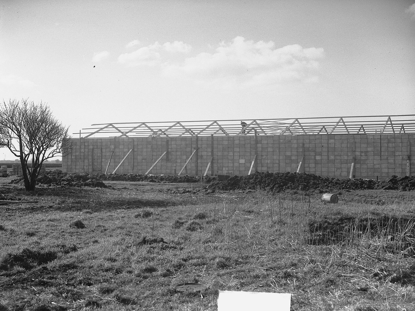 Zwart-witfoto van een lange fabriekshal in aanbouw met stalen dakspanten, in een weiland