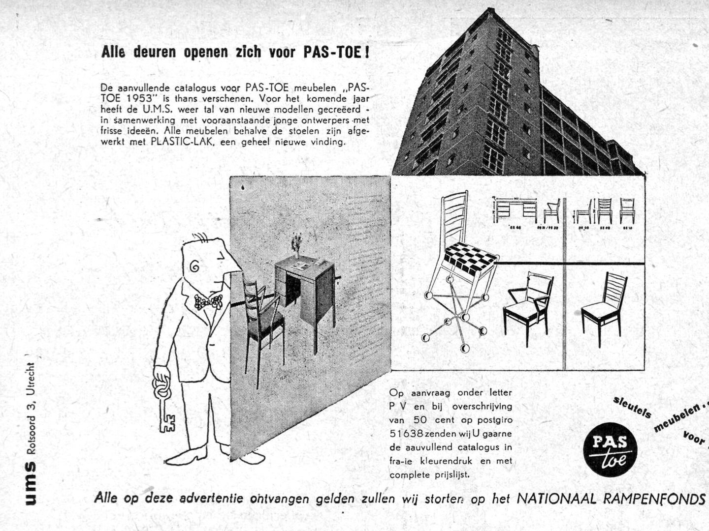 Zwart-witte advertentie met een getekende man met een sleutel naast kasten, stoelen en een flatgebouw