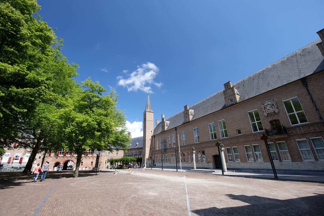 Het Abdijplein met hoge groene bomen en bakstenen abdijgebouwen onder een blauwe lucht