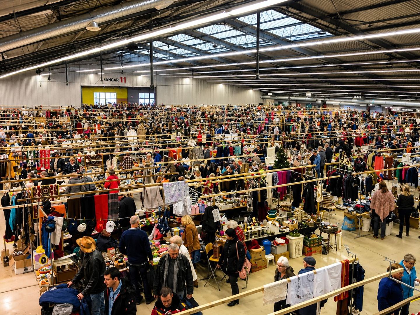 Drukte langs kramen met kleding, servies en curiosa onder het dak van Hangar 11